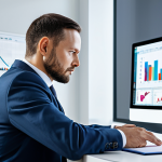 A professional Polish financial manager, wearing a modest business suit and appropriate attire, sits calmly at a sleek, minimalist desk in a modern, brightly lit office. Instead of paper documents, the desk features multiple large, crisp digital screens displaying complex financial charts and data flows. The manager interacts effortlessly with a holographic interface, embodying the transition from manual work to seamless automation. The scene conveys efficiency and high-tech elegance. Fully clothed, safe for work, appropriate content, professional, perfect anatomy, correct proportions, natural pose, well-formed hands, proper finger count, natural body proportions, professional photography, high quality.